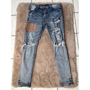 AMIRI Men's Size 34 Leather Stitch Logo Distressed Skinny Jeans